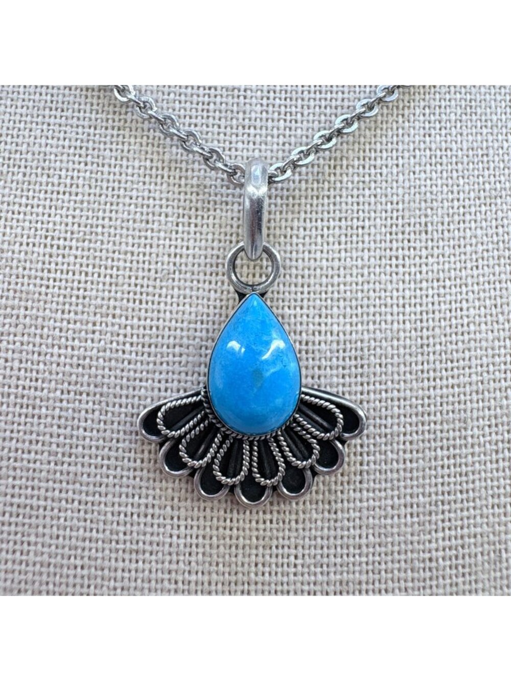 Teardrop Turquoise Sterling Silver 925 Bezel Set Pendant Necklace 22" Length